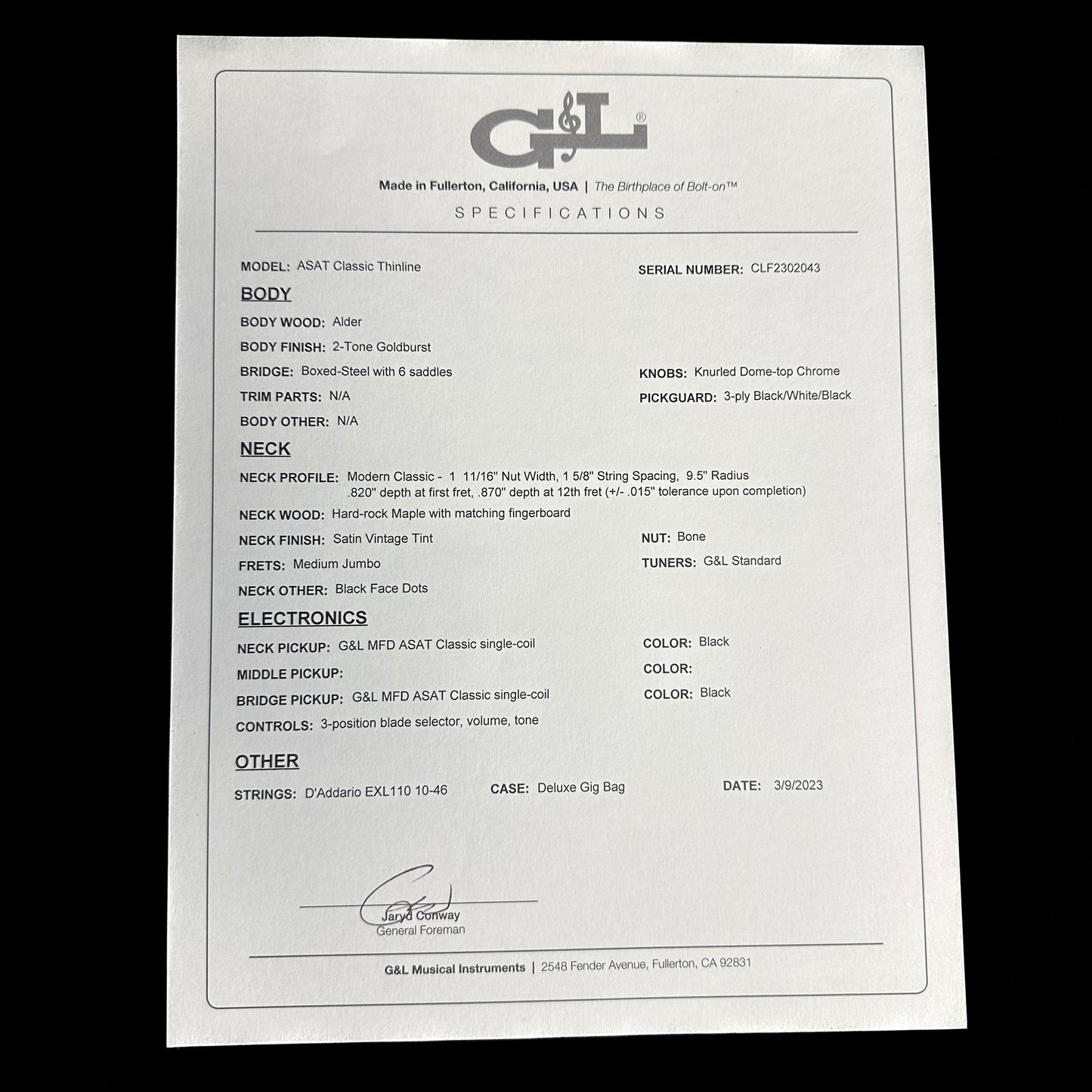 Open Box G~andL USA ASAT Classic Thinline 2-Tone Goldburst w/bag