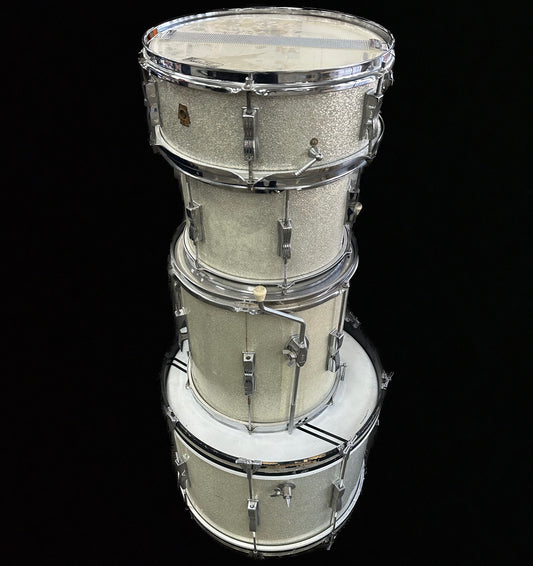 Side angle of Vintage 1966 Ludwig Club Date 4pc Silver Sparkle TSU13741 stacked.