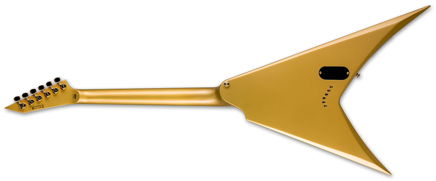 Left side angle of ESP LTD KH-V Kirk Hammett Signature Electric Guitar Metallic Gold back.