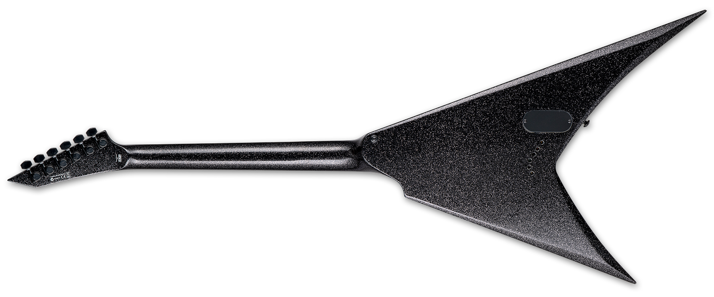 Back of ESP LTD KH-V Kirk Hammett Signature Electric Guitar Black Sparkle angled right.