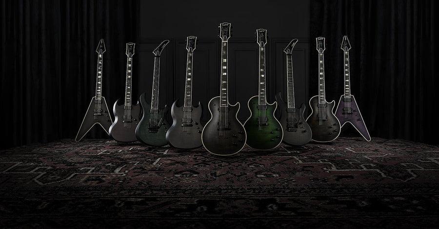 The new Epiphone Prophecy lineup of electric guitars, grouped together.