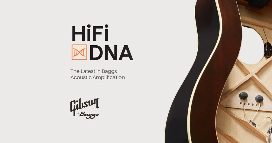 HiFi DNA, the latest in Baggs acoustic amplification, from Gibson and Baggs. A cutaway of an acoustic guitar body shows the two HiFi DNA sensors mounted on the bridge plate inside.