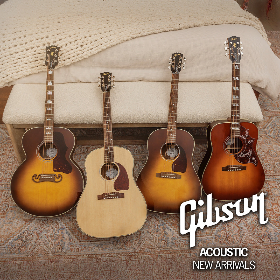 Group of gibson guitars on a bed with text Gibson Acoustic New Arrivals