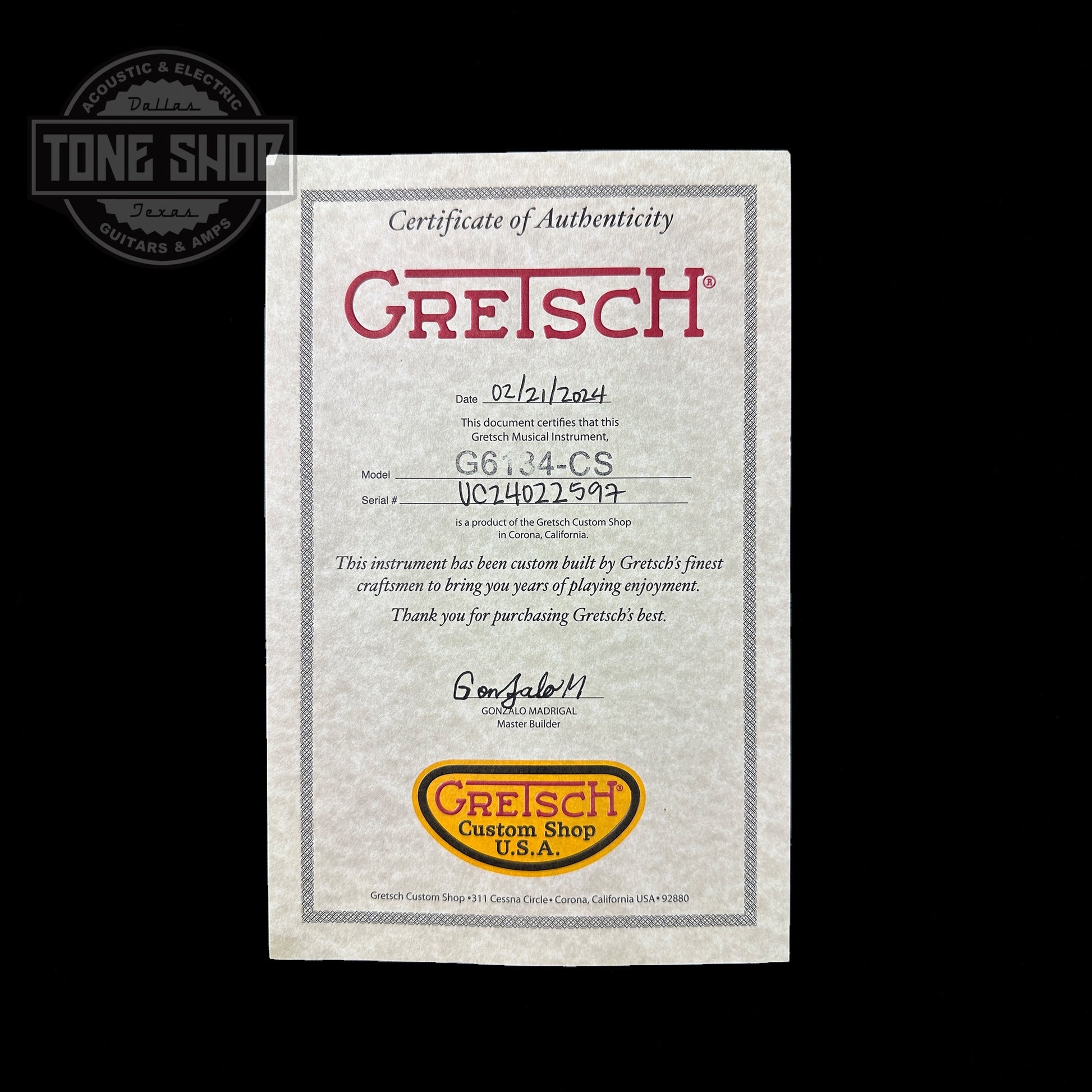 Certificate of authenticity for Gretsch Custom Shop G6134-59 Penguin Relic Shell Pink Masterbuilt By Gonzalo Madrigal.