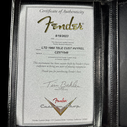 Certificate of authenticity for Fender Custom Shop Limited Edition '60 Tele Custom Heavy Relic Aged Candy Apple Red/ 3-color Sunburst.
