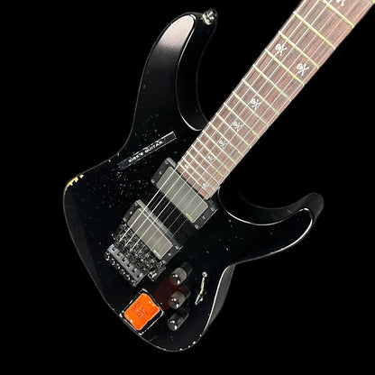 Front angle of ESP KH-2 Vintage Kirk Hammett Signature Series Distressed Black.
