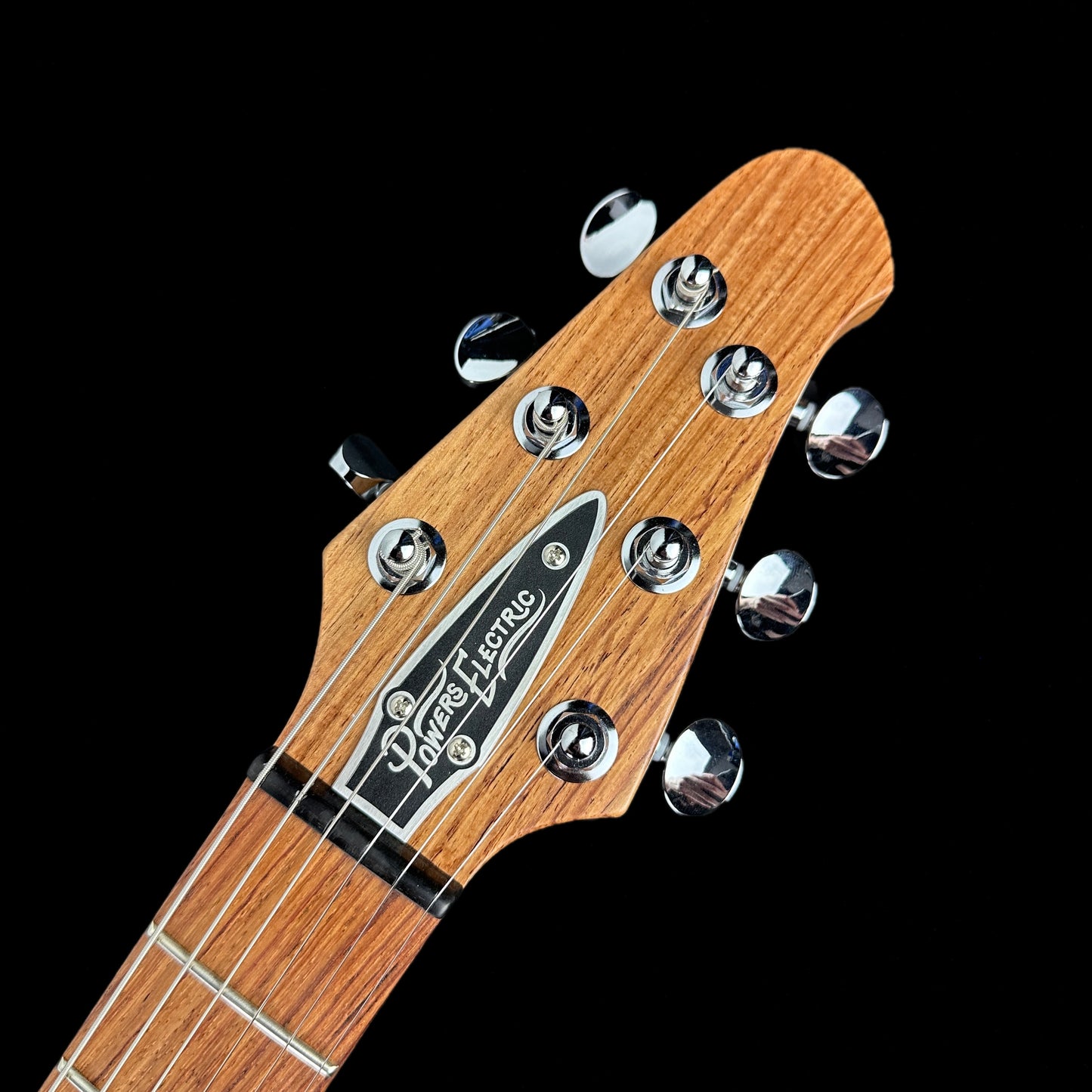 Front of headstock of Powers Electric A-Type FF42 British Racing Green Metallic Pearloid.