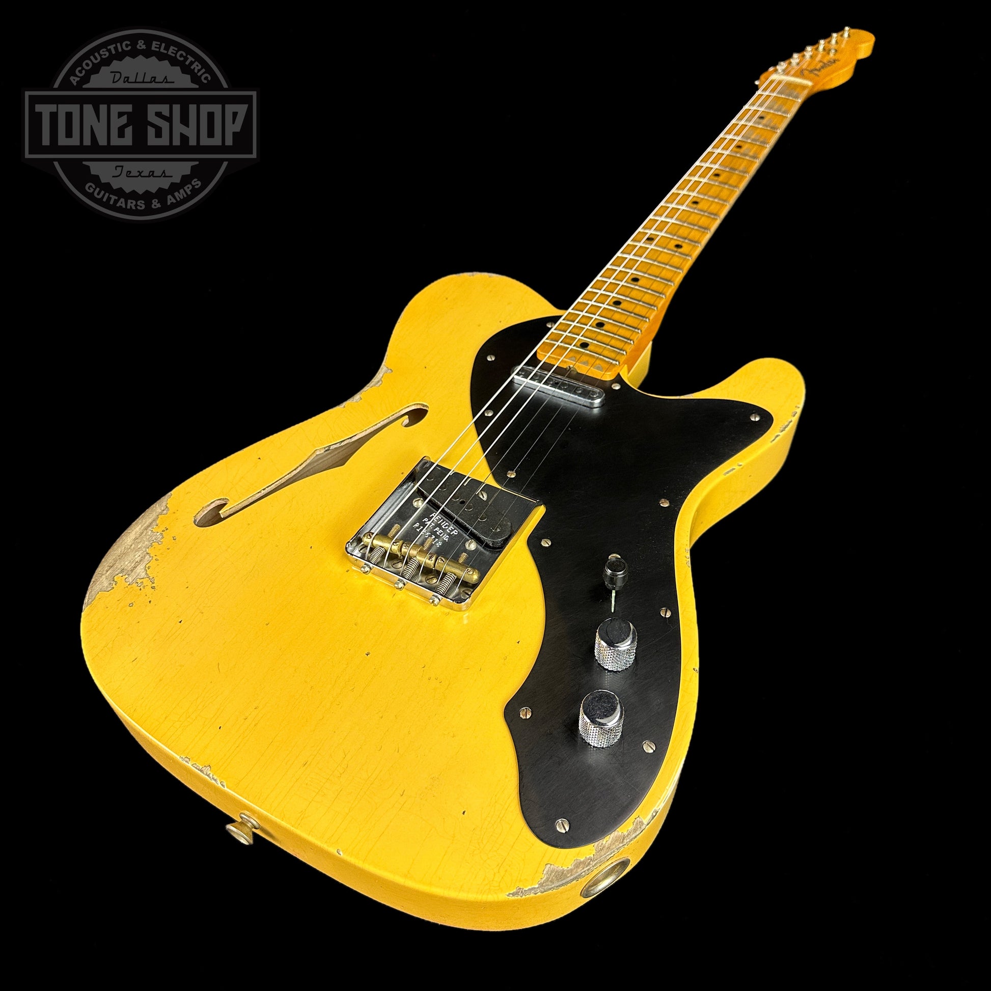 Front angle of Fender Custom Shop 2023 Collection Ltd Nocaster Thinline Relic Aged Nocaster Blonde.