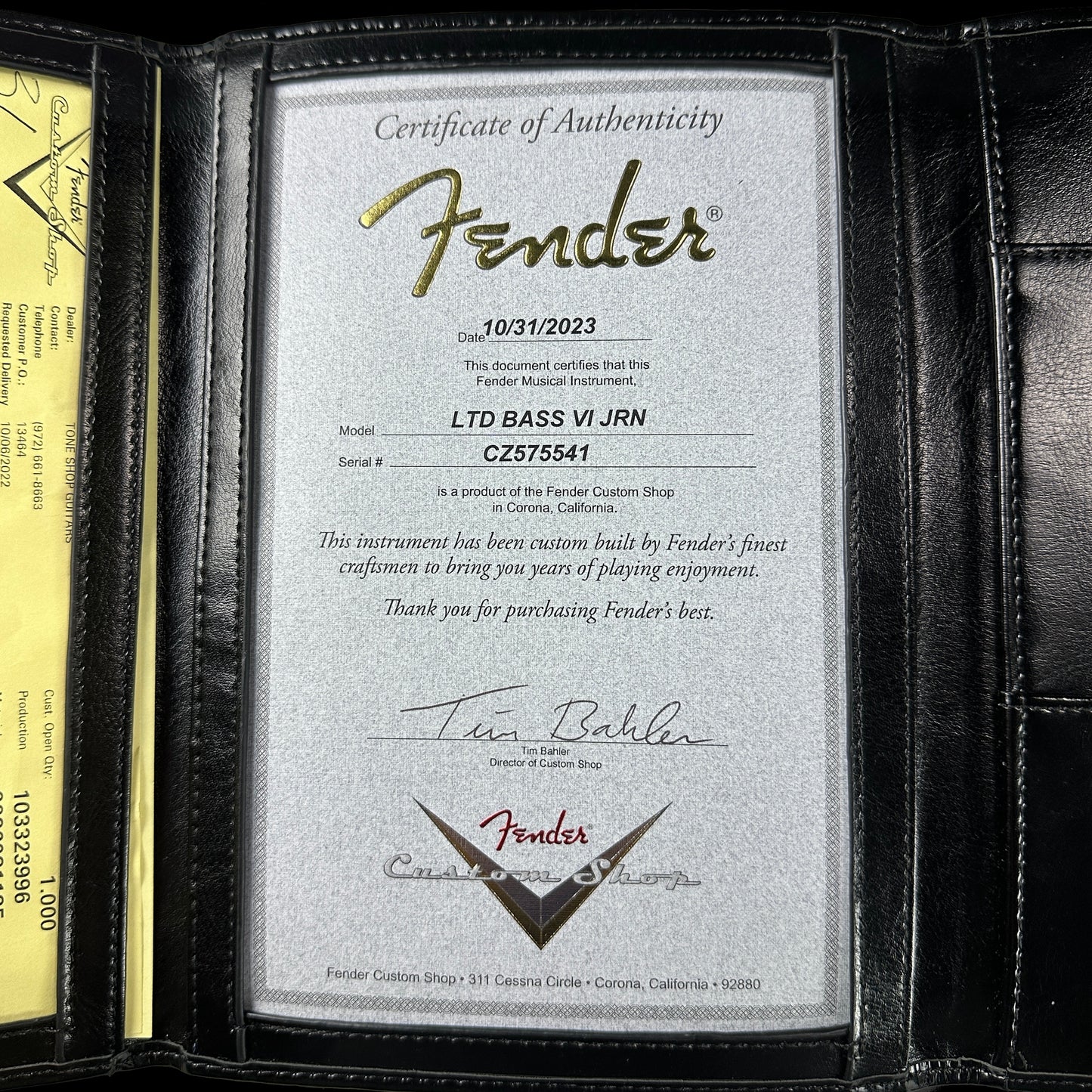 Certificate of authenticity for Fender Custom Shop Limited Edition Bass VI Journeyman Relic Aged Aztec Gold.