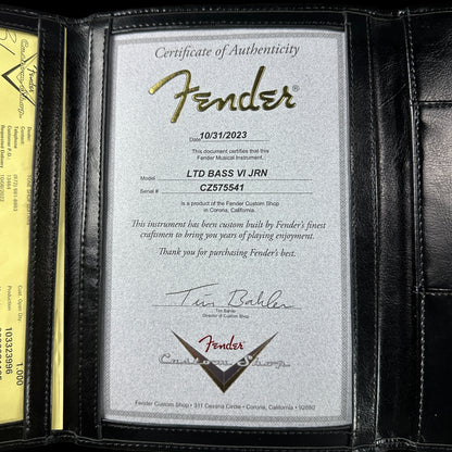 Certificate of authenticity for Fender Custom Shop Limited Edition Bass VI Journeyman Relic Aged Aztec Gold.