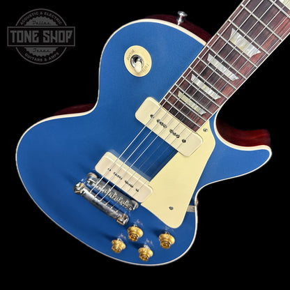 Front angle of Gibson Custom Shop M2M 1956 Les Paul Standard Chambered Pelham Blue Top VOS.