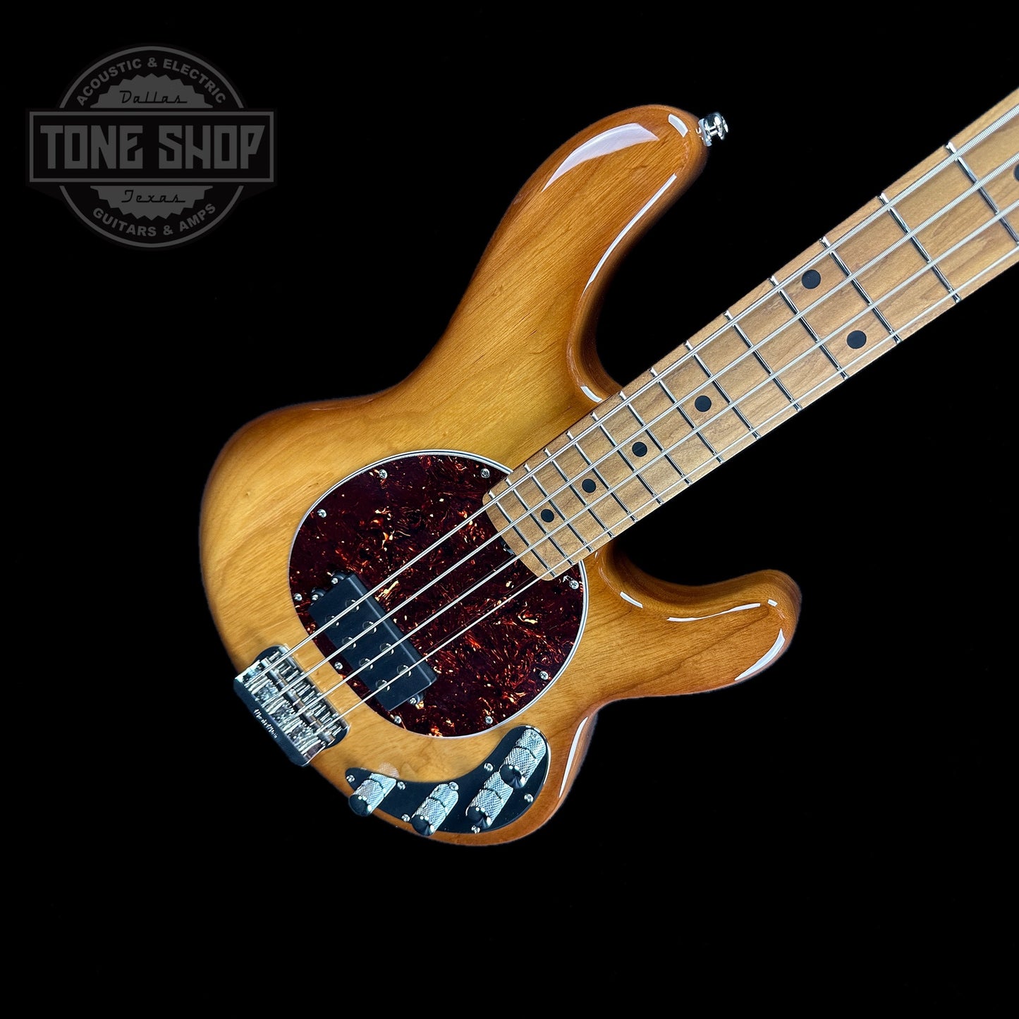 Front angle of Ernie Ball Music Man StingRay Special H Bass MP Hot Honey.