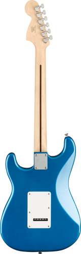 Blue electric guitar with a white pickguard on a brown background