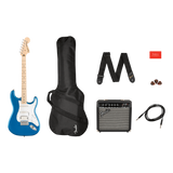 Front of Squier Affinity Series Stratocaster HSS Pack, Maple Fingerboard, Lake Placid Blue, Gig Bag, 15G 120V.