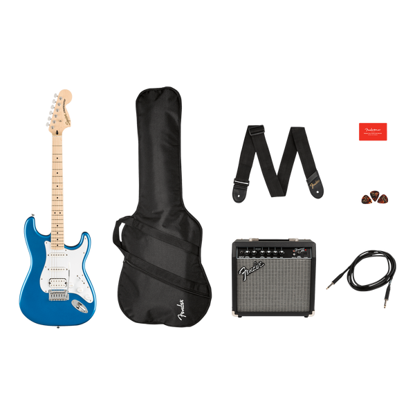Front of Squier Affinity Series Stratocaster HSS Pack, Maple Fingerboard, Lake Placid Blue, Gig Bag, 15G 120V.