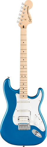 Blue electric guitar with a white pickguard on a brown background