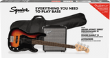 Side angle of box for Squier Affinity Series Precision Bass PJ Pack, Laurel Fingerboard, 3-Color Sunburst, Gig Bag, Rumble 15 120V.