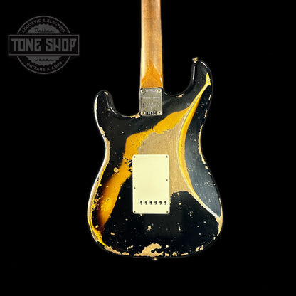 Back of body of Fender Custom Shop Limited Edition Roasted '60 Strat Super Heavy Relic Aged Black Over 3 Color Sunburst.