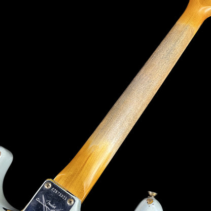 Back of Fender Custom Shop 1961 Strat Heavy Relic Super Faded Aged Sonic Blue/3-Color Sunburst neck.