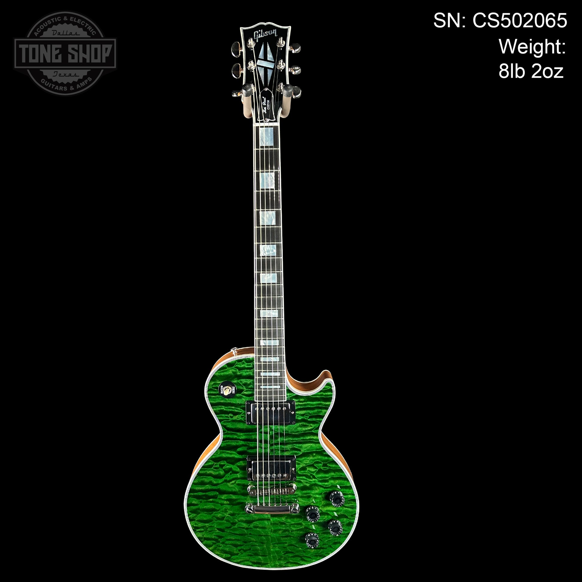 Full front of Gibson Custom Shop TSG Anniversary Les Paul Custom Chambered 7A Quilt Trans Green.
