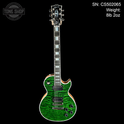 Full front of Gibson Custom Shop TSG Anniversary Les Paul Custom Chambered 7A Quilt Trans Green.
