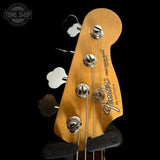 Headstock of Used 2001 Fender Mark Hoppus Artist Jazz Bass Daphne Blue TSS7698.