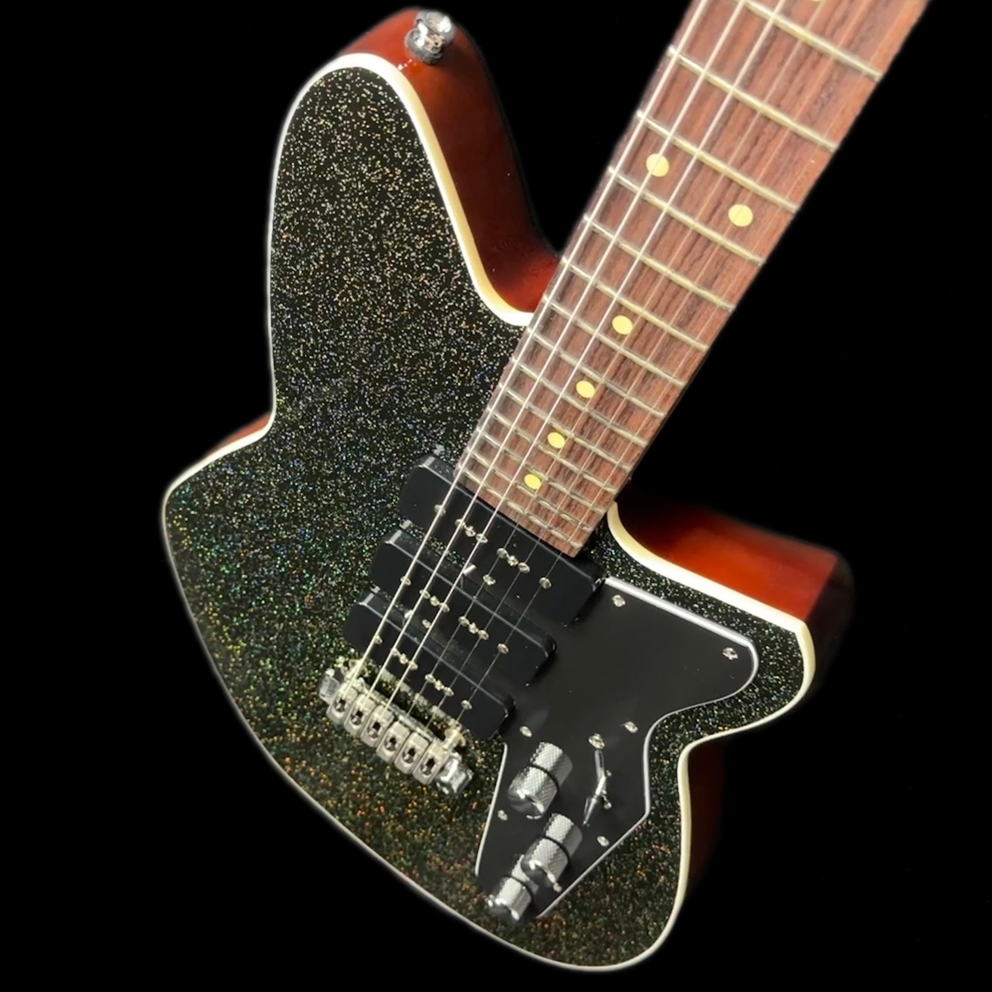 Top down angle of Reverend Jetstream 390 Tone Shop Exclusive Rainbow Sparkle.