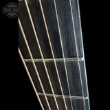 Close-up of a guitar neck showing the dark fretboard, metal frets, and six strings against a black background, with a Tone Shox logo in the top-left corner.