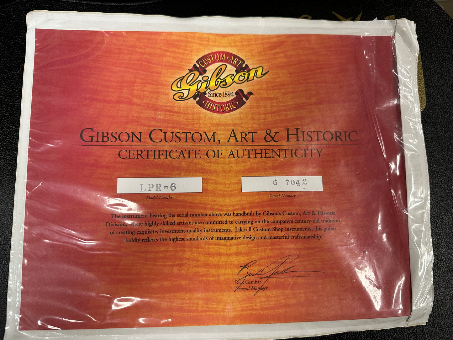 Certificate of authenticity for Used 2007 Gibson Custom Shop 1956 Reissue Les Paul Gold Top.