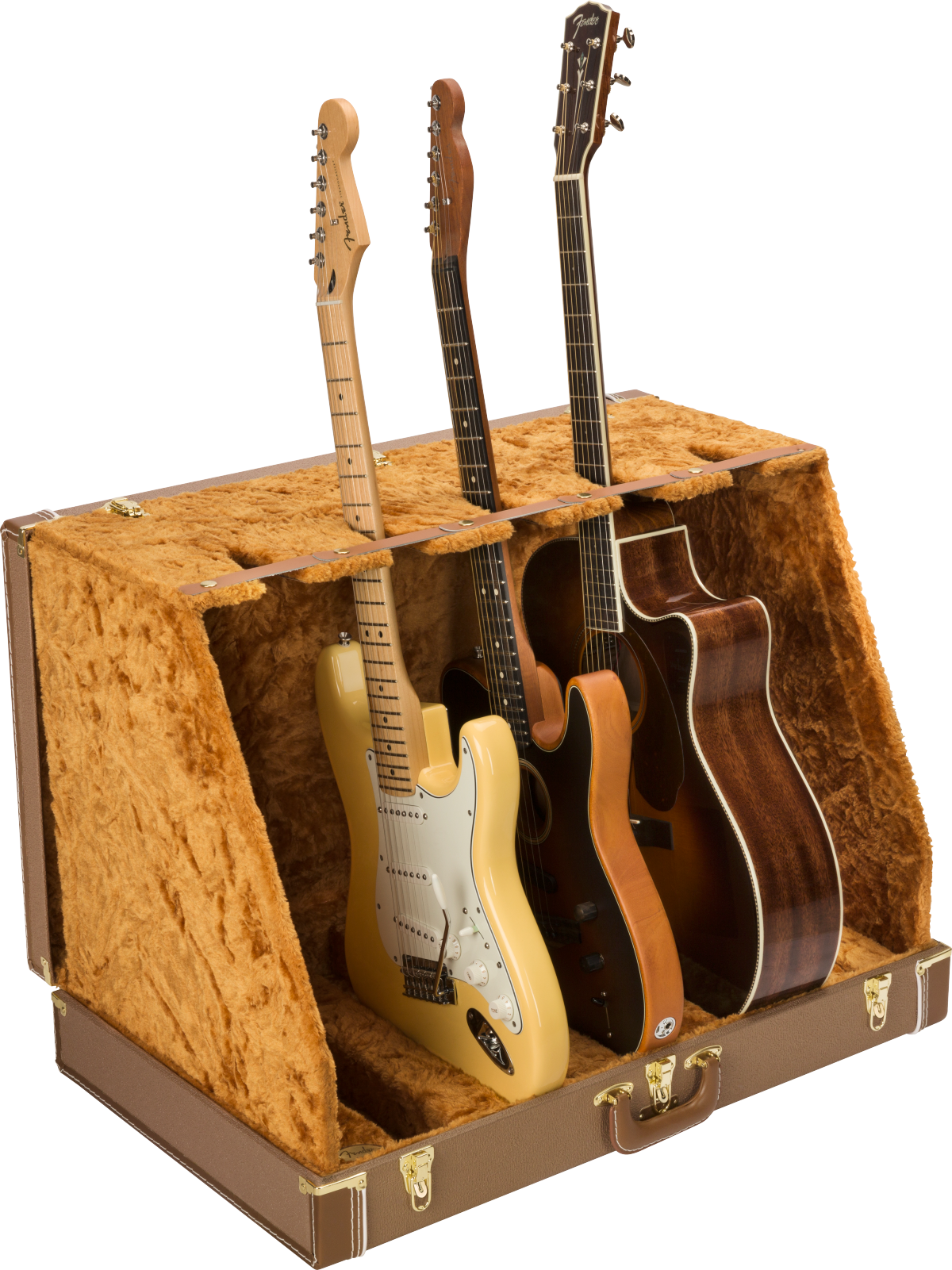 Front left angle of Fender Classic Series Case Stand 5 Brown with example guitars inside.