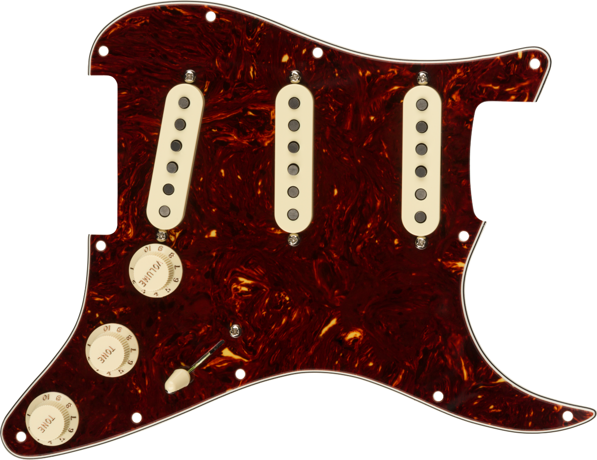 Front of Fender Pre-Wired Strat Pickguard Tex-Mex SSS Tortoise Shell 11 Hole.