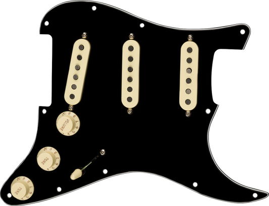 Front of Fender Pre-Wired Strat Pickguard Tex-Mex SSS Black 11 Hole.