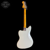 Squier Classic Vibe 60s Jazzmaster Oly White electric guitar with a blonde neck on a black background, featuring 'Tone Shop' branding.