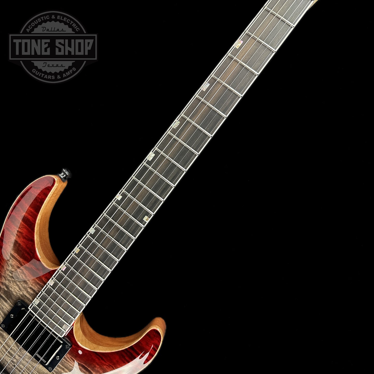 Fretboard of ESP USA Horizon-II Flame Maple Blood Moon.