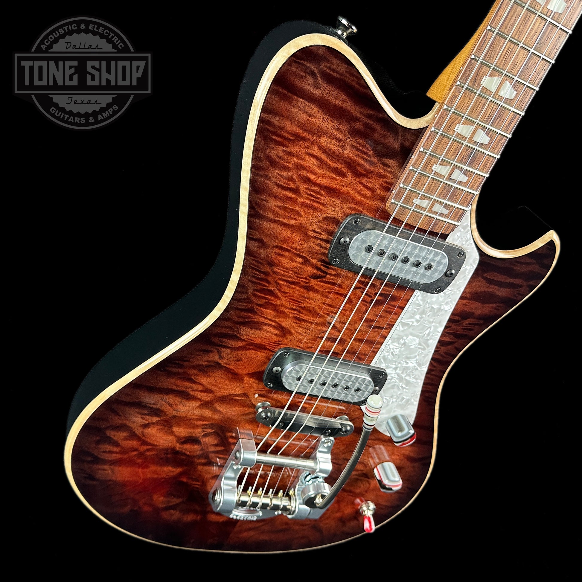 Front angle of Powers Electric A-Type Select Quilt Top Wild Cabernet Pearloid Pickguard FF42.