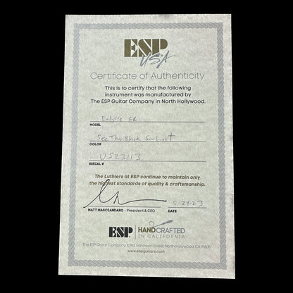 Certificate of authenticity for Demo ESP USA Eclipse Floyd Rose See Thru Black Sunburst.