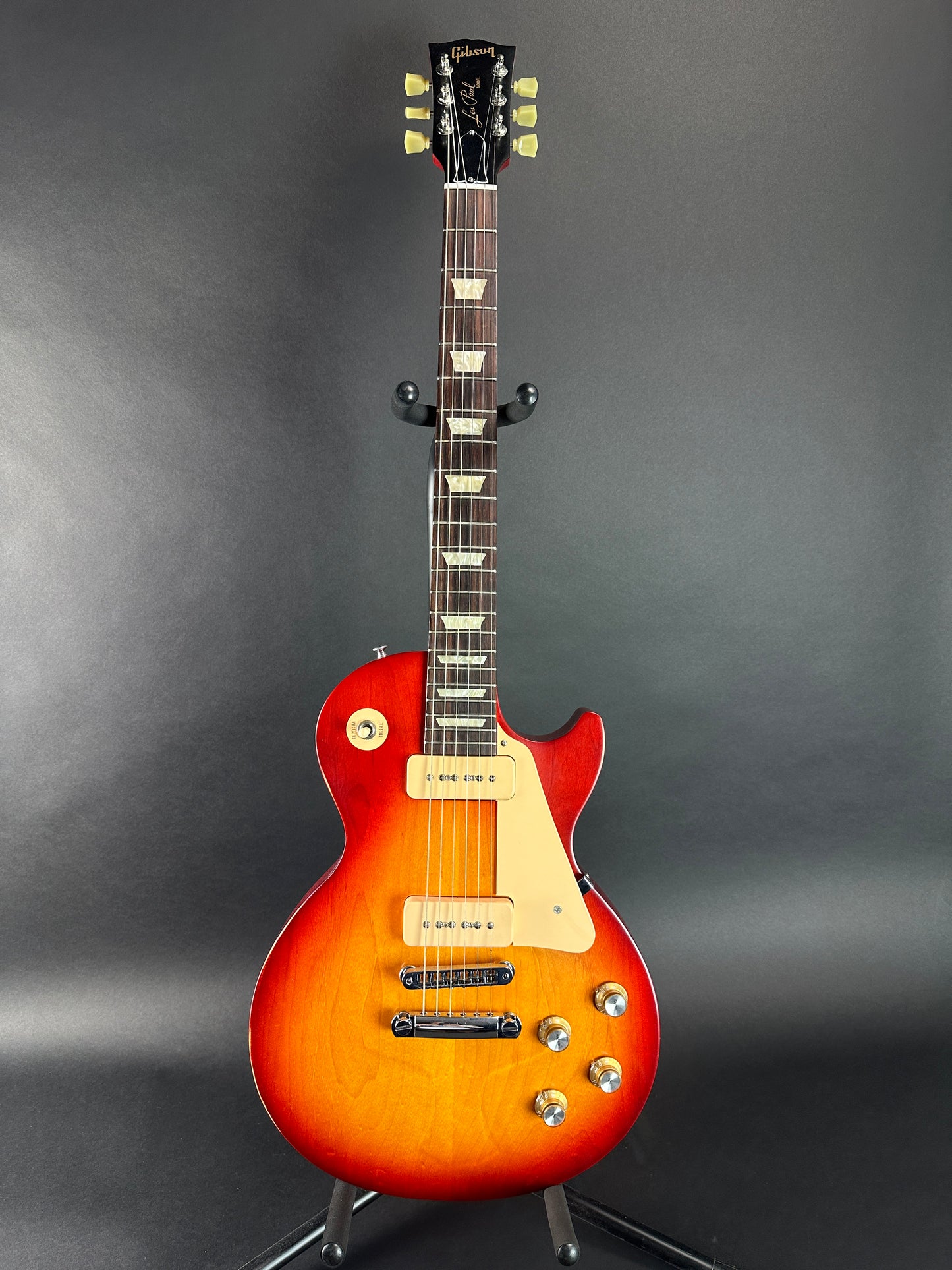 Full front of Used Gibson Tribute Les Paul P90 Sunburst.