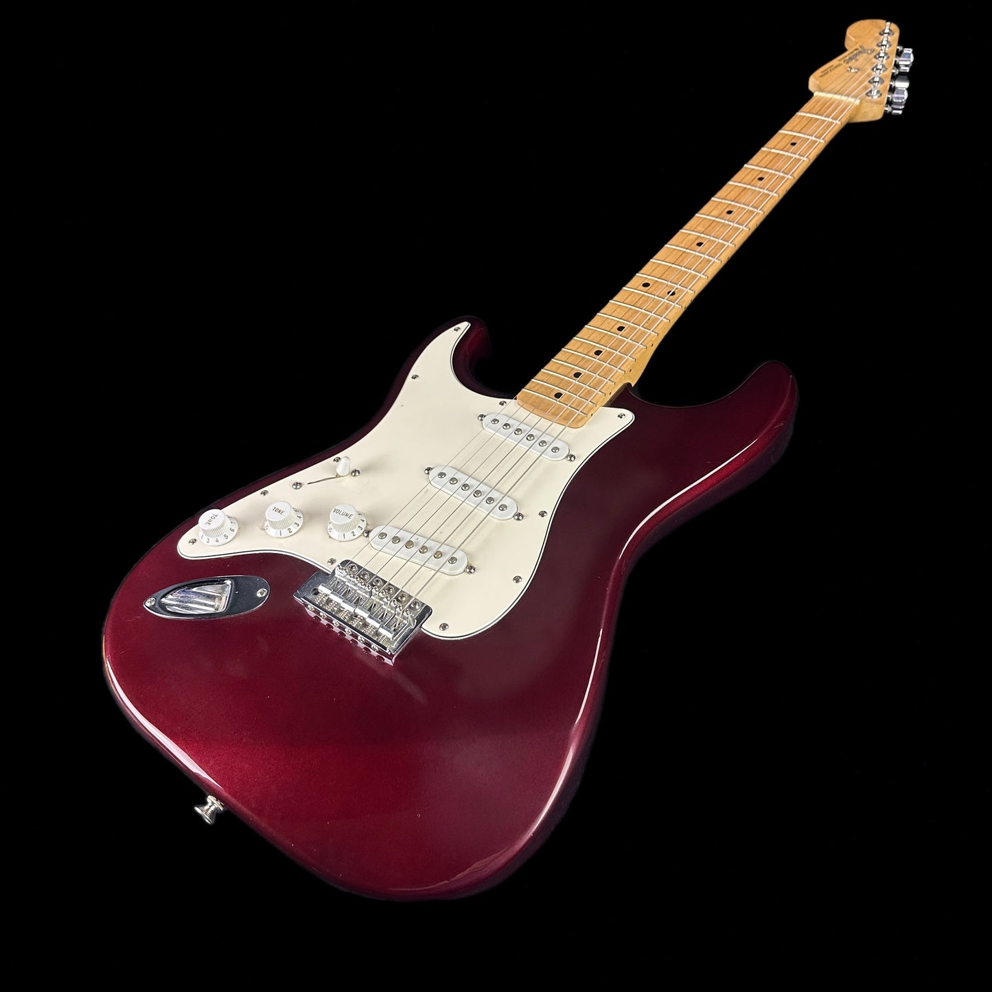 Front angle of Used Fender Standard Stratocaster Left Hand Burgundy.