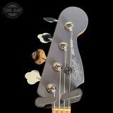 Headstock of Used Squier FSR Contemporary Active Jazz Bass Flat Black.