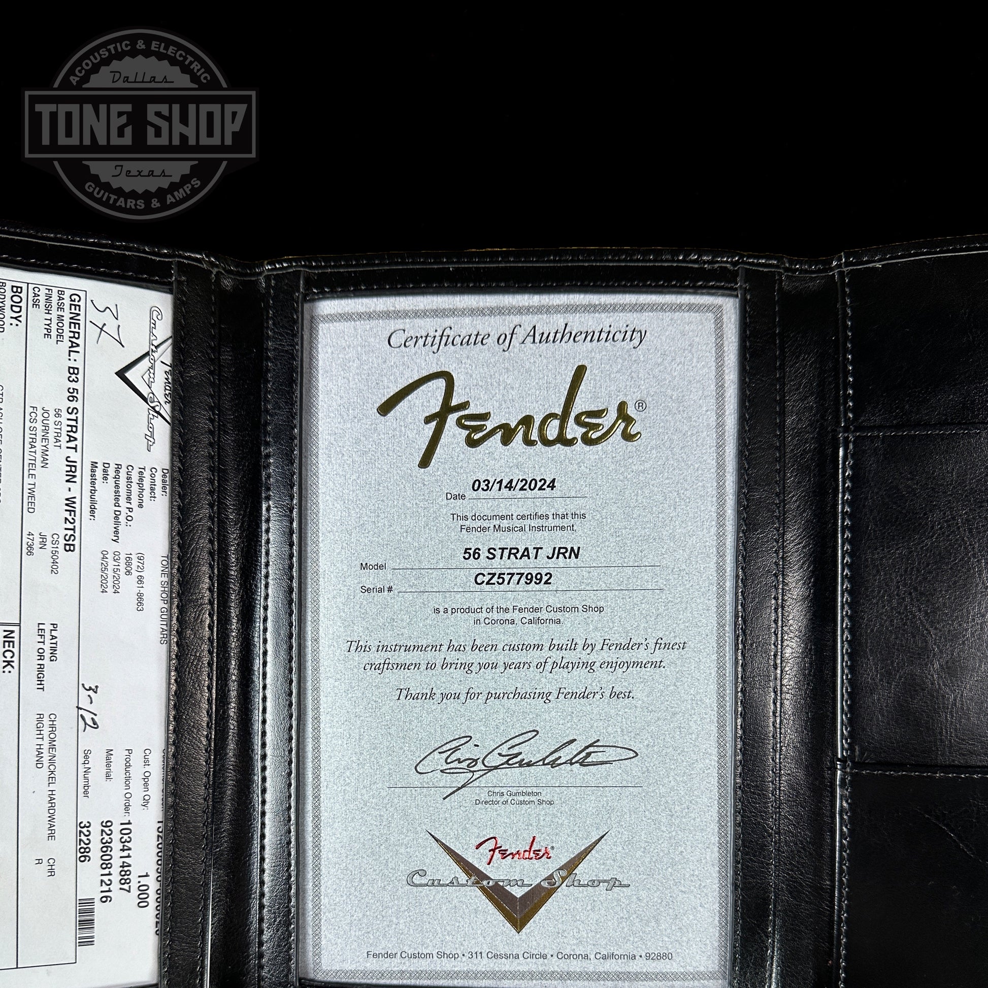 Certificate of authenticity for Fender 1956 Stratocaster Journeyman Relic Maple Neck Wide-Fade 2-Color Sunburst.