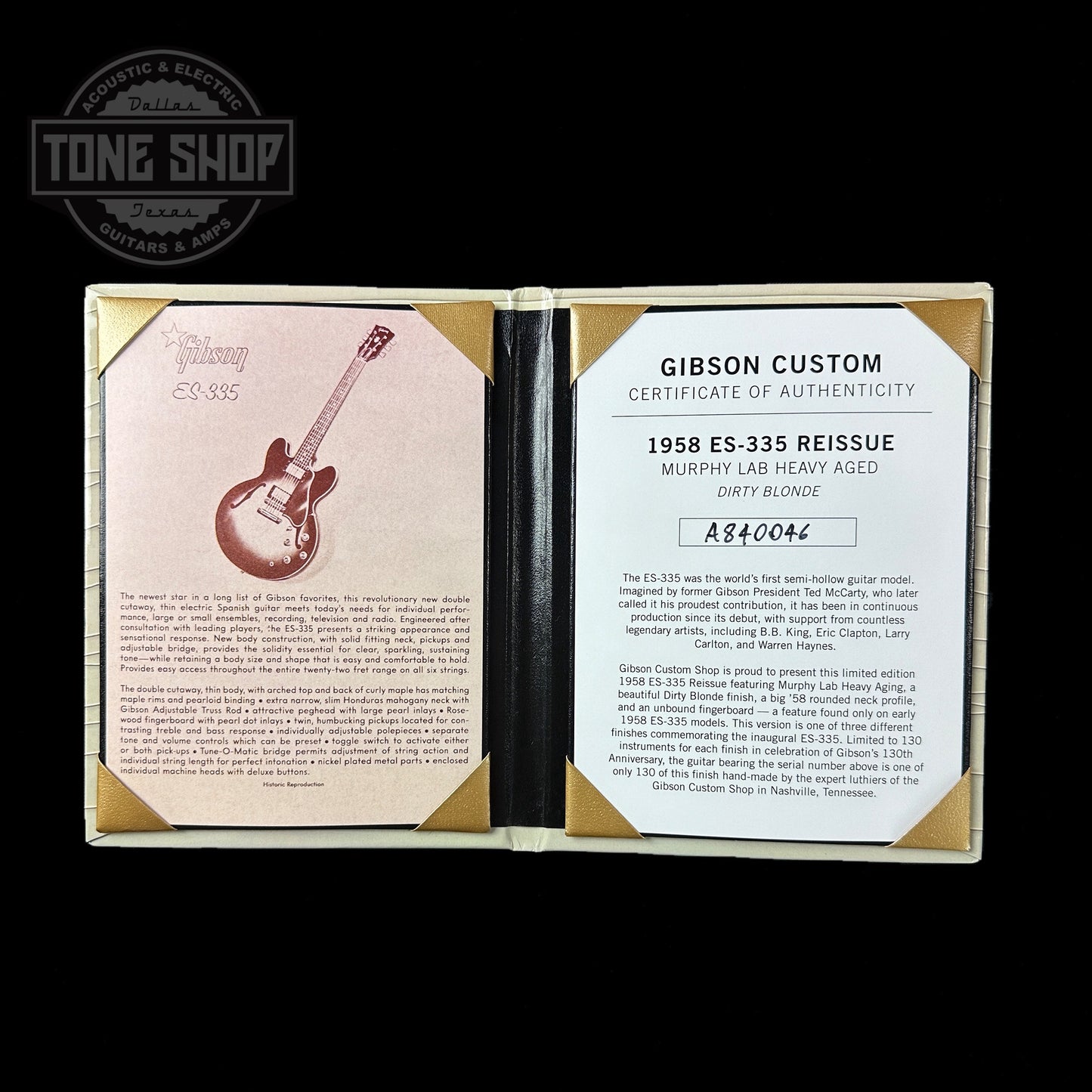 Certificate of authenticity for Gibson Custom Shop 1958 ES-335 Dirty Blonde Murphy Lab Heavy Aged Limited.