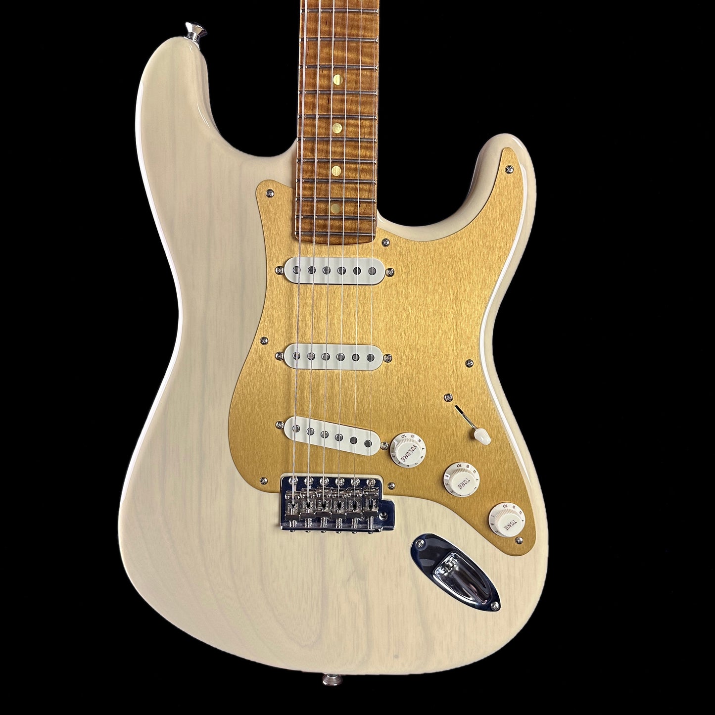 Front of body of Used Fender Custom Shop Stratocaster NOS Honey Blonde.
