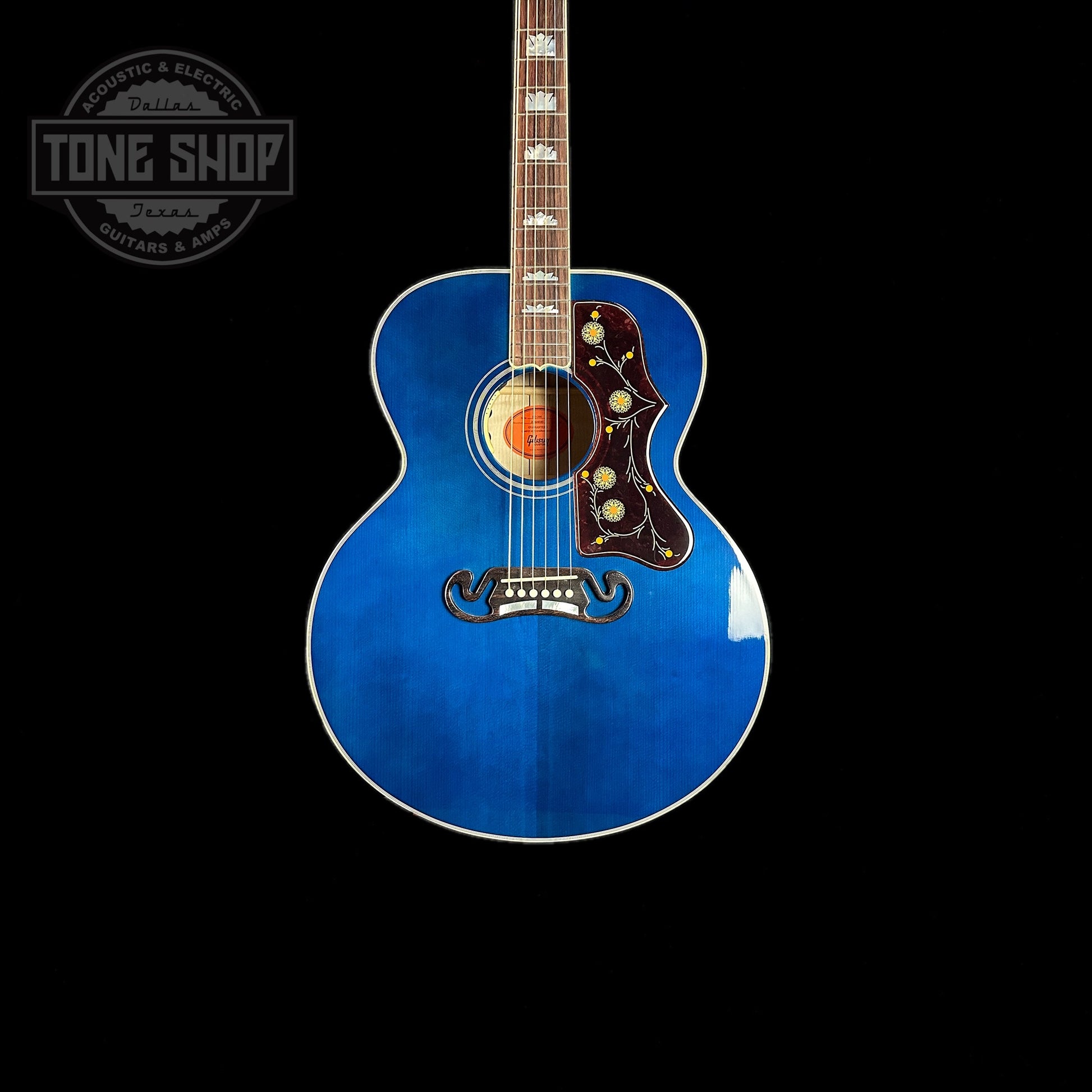 Front of body of Gibson Custom Shop M2M SJ-200 Standard Viper Blue.