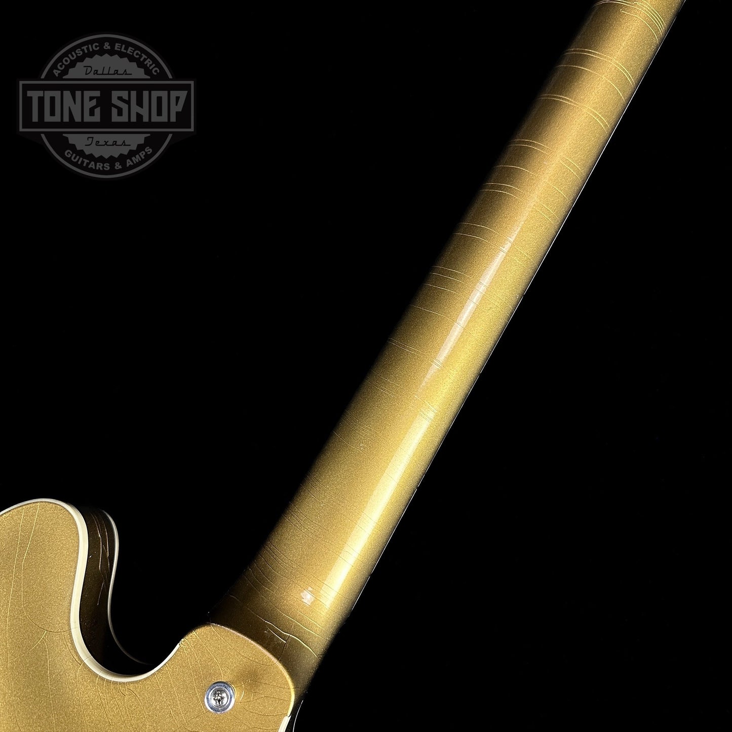 Back of neck of Gibson Custom Shop M2M 1964 ES-335 Reissue Double Gold w/Black Stinger Murphy Lab Ultra Light Aged.
