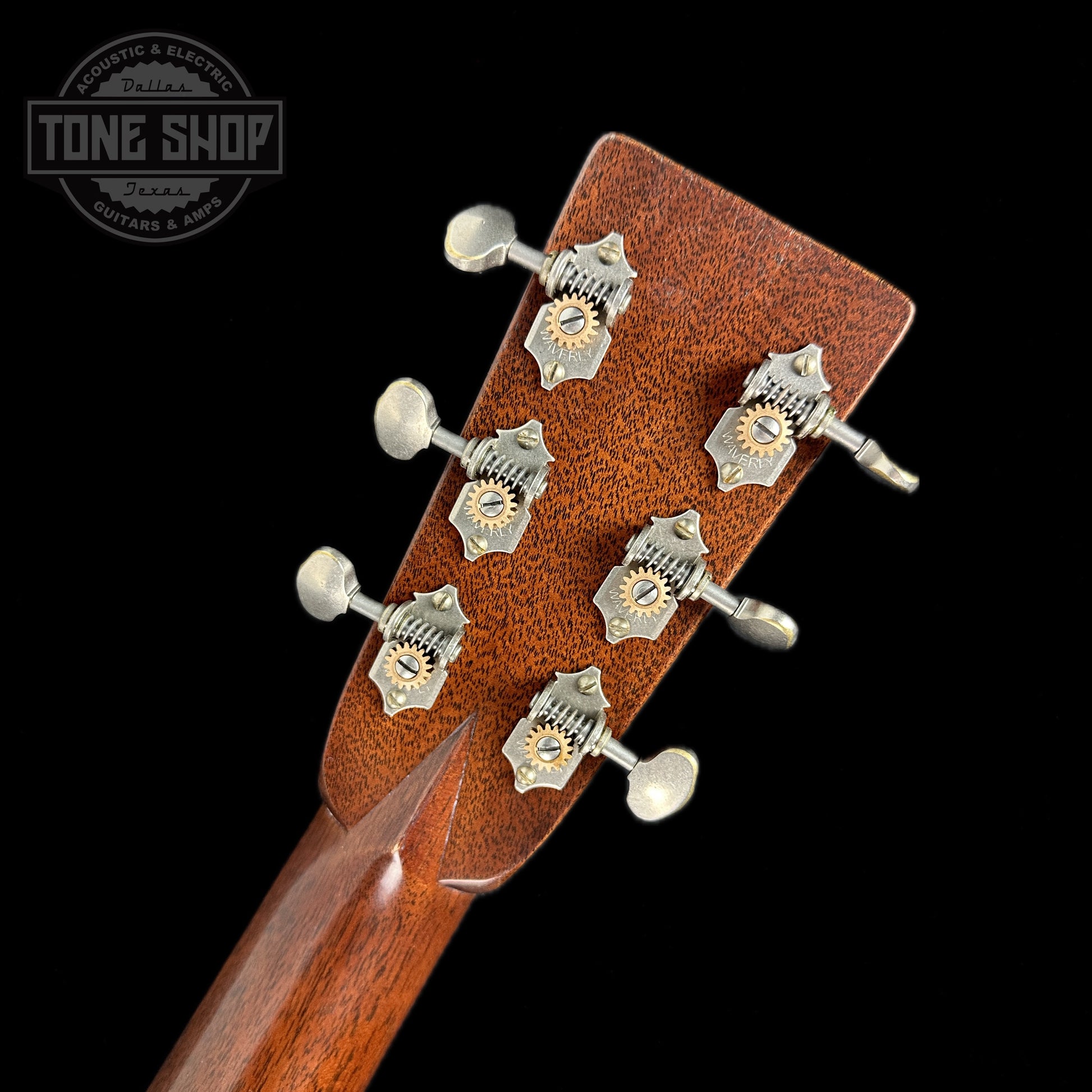 Back of headstock of Martin Custom Shop D-28 Authentic 1937 Vintage Low Gloss w/Ambertone Burst w/Stage 1 Aging.
