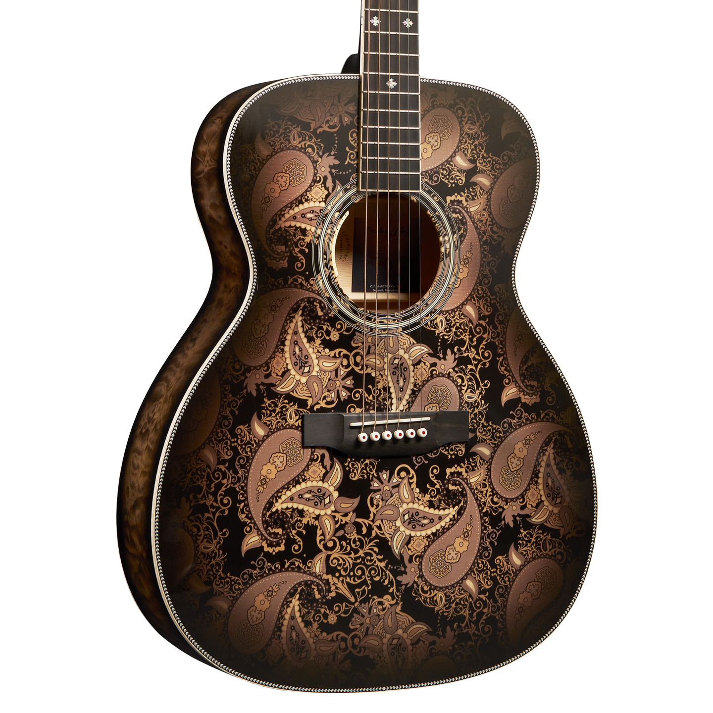 Front of Martin Custom Shop M Paisley Ember Burst.