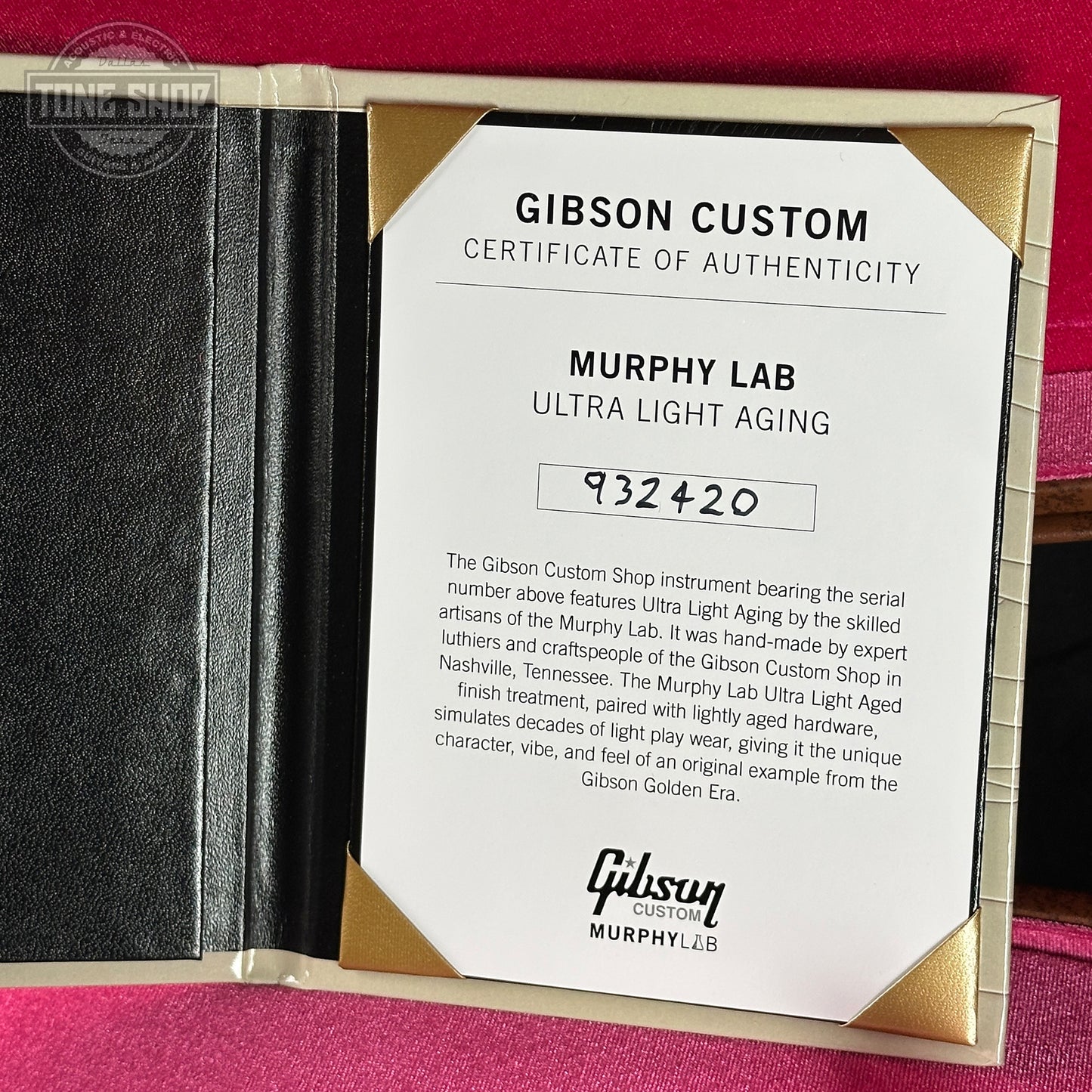Gibson Custom Certificate of Authenticity for Murphy Lab Ultra Light Aging on a red background