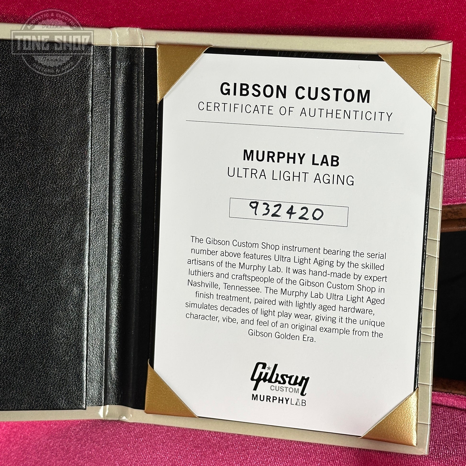Gibson Custom Certificate of Authenticity for Murphy Lab Ultra Light Aging on a red background