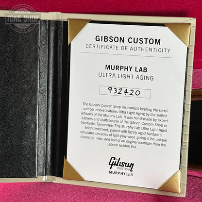 Gibson Custom Certificate of Authenticity for Murphy Lab Ultra Light Aging on a red background