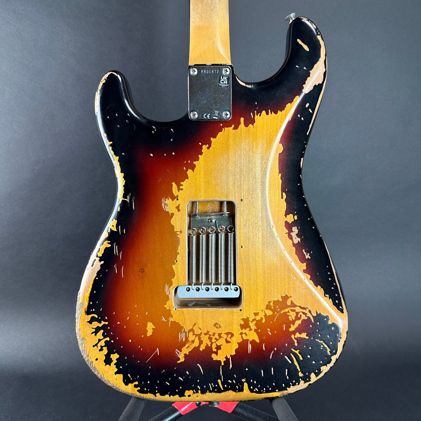 Back of Used Fender Mike McCready Strat Relic 3 Color Sunburst.